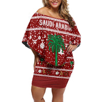 Saudi Arabia Christmas Family Matching Off Shoulder Short Dress and Hawaiian Shirt with Red Festive Pattern, National Emblem with Palm and Swords, and Map Motif - Wonder Print Shop