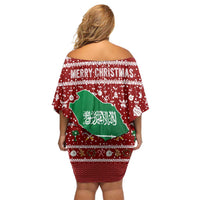 Saudi Arabia Christmas Family Matching Off Shoulder Short Dress and Hawaiian Shirt with Red Festive Pattern, National Emblem with Palm and Swords, and Map Motif - Wonder Print Shop