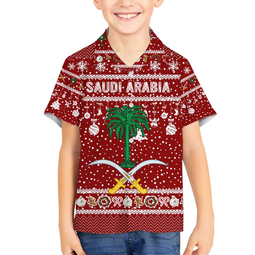 Saudi Arabia Christmas Family Matching Off Shoulder Short Dress and Hawaiian Shirt with Red Festive Pattern, National Emblem with Palm and Swords, and Map Motif - Wonder Print Shop