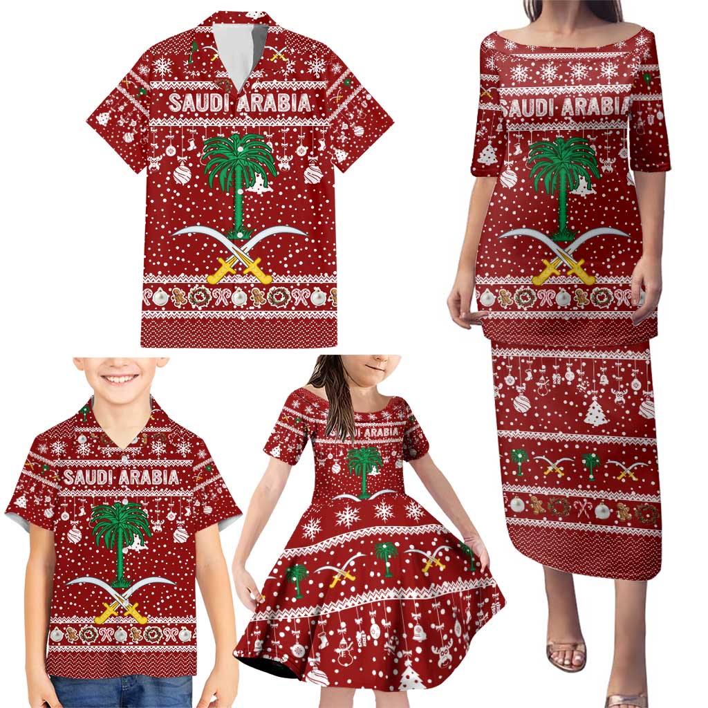 Saudi Arabia Christmas Family Matching Puletasi and Hawaiian Shirt with Red Festive Pattern, National Emblem with Palm and Swords, and Map Motif - Wonder Print Shop