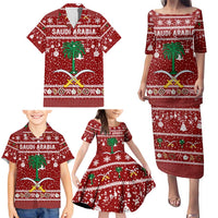Saudi Arabia Christmas Family Matching Puletasi and Hawaiian Shirt with Red Festive Pattern, National Emblem with Palm and Swords, and Map Motif - Wonder Print Shop