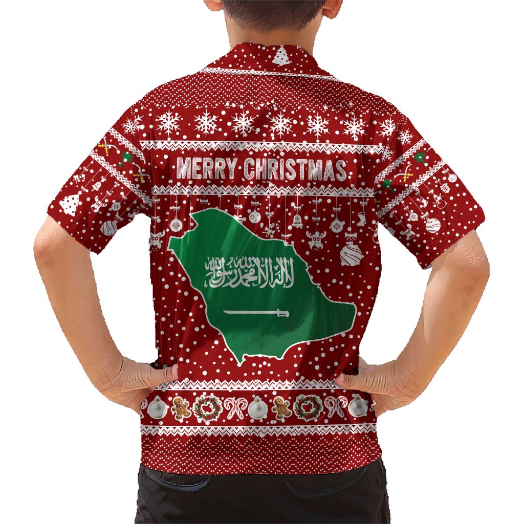 Saudi Arabia Christmas Family Matching Short Sleeve Bodycon Dress and Hawaiian Shirt with Red Festive Pattern, National Emblem with Palm and Swords, and Map Motif - Wonder Print Shop
