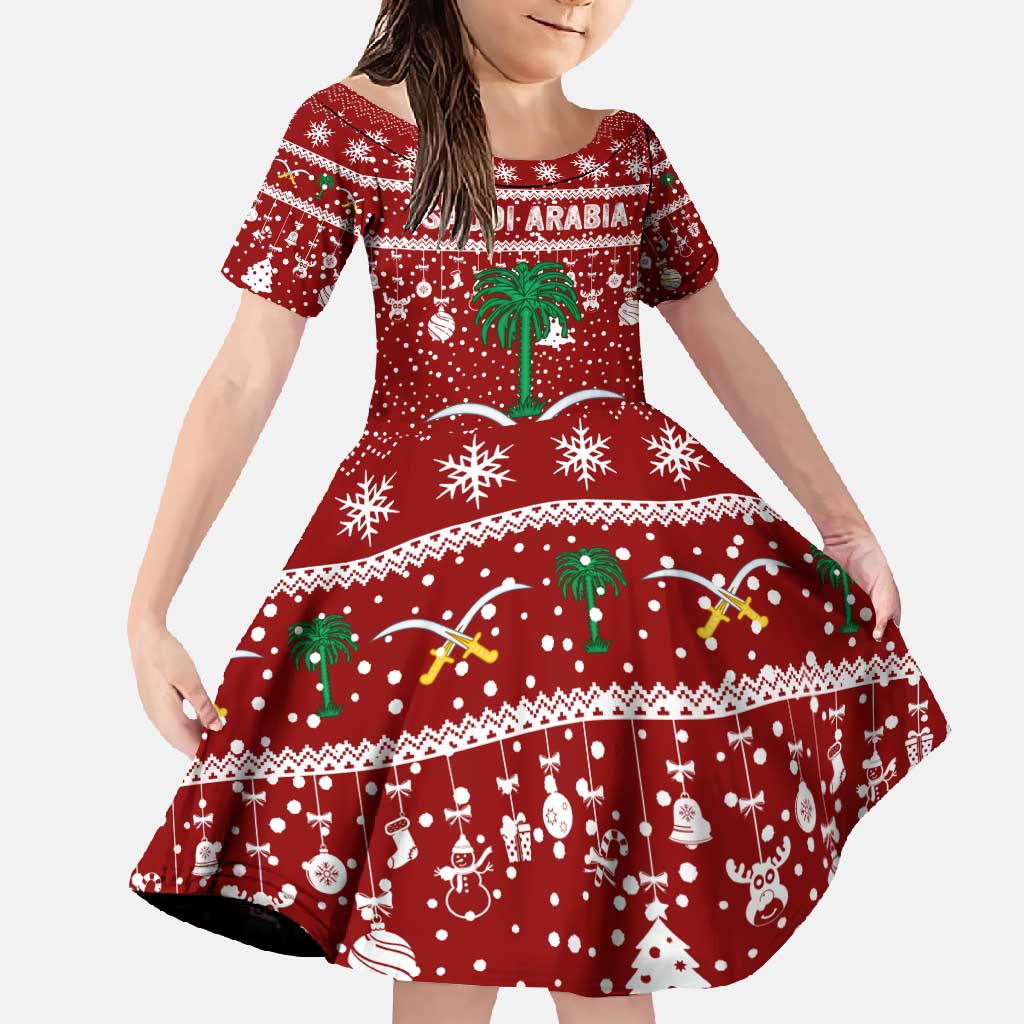 Saudi Arabia Christmas Family Matching Short Sleeve Bodycon Dress and Hawaiian Shirt with Red Festive Pattern, National Emblem with Palm and Swords, and Map Motif - Wonder Print Shop