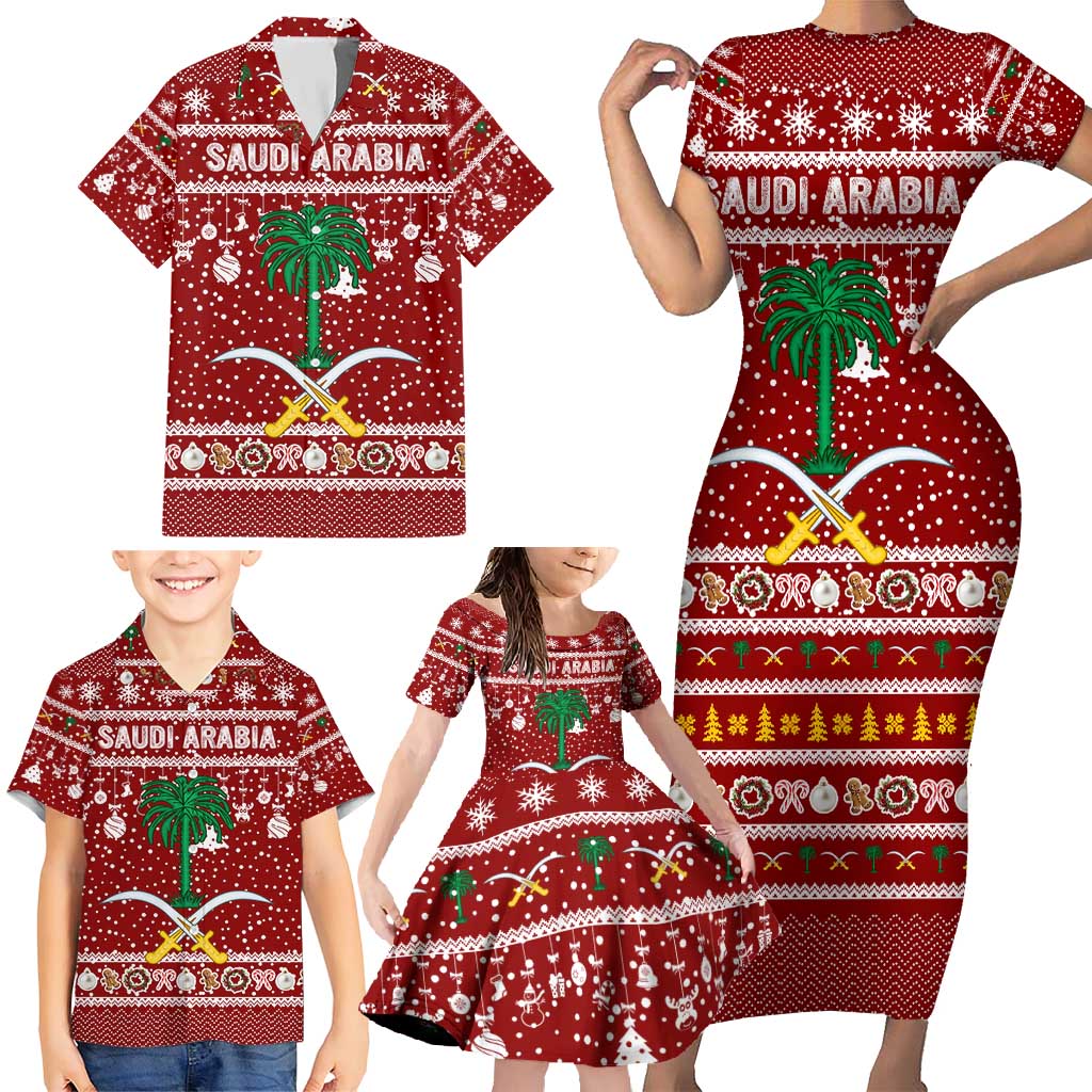 Saudi Arabia Christmas Family Matching Short Sleeve Bodycon Dress and Hawaiian Shirt with Red Festive Pattern, National Emblem with Palm and Swords, and Map Motif - Wonder Print Shop