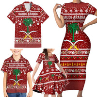 Saudi Arabia Christmas Family Matching Short Sleeve Bodycon Dress and Hawaiian Shirt with Red Festive Pattern, National Emblem with Palm and Swords, and Map Motif - Wonder Print Shop