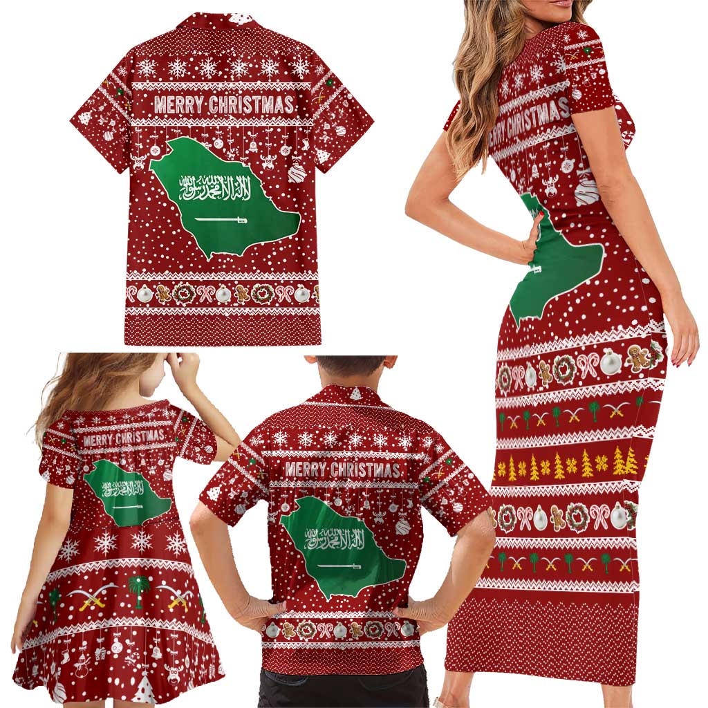 Saudi Arabia Christmas Family Matching Short Sleeve Bodycon Dress and Hawaiian Shirt with Red Festive Pattern, National Emblem with Palm and Swords, and Map Motif - Wonder Print Shop