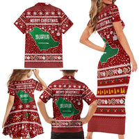 Saudi Arabia Christmas Family Matching Short Sleeve Bodycon Dress and Hawaiian Shirt with Red Festive Pattern, National Emblem with Palm and Swords, and Map Motif - Wonder Print Shop