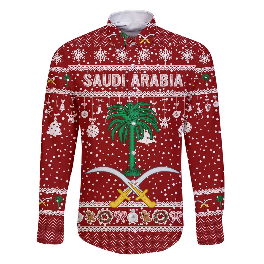 Saudi Arabia Christmas Family Matching Short Sleeve Bodycon Dress and Hawaiian Shirt with Red Festive Pattern, National Emblem with Palm and Swords, and Map Motif - Wonder Print Shop