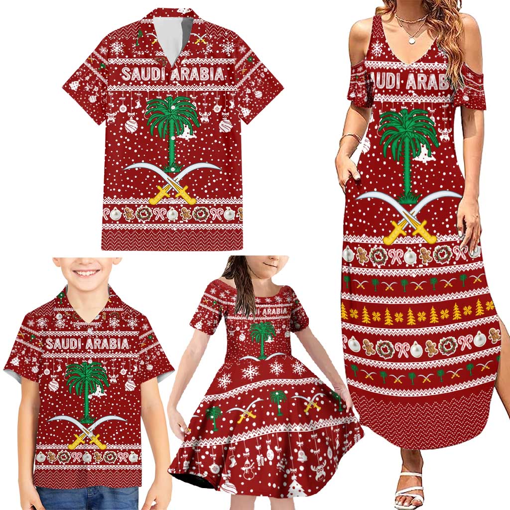 Saudi Arabia Christmas Family Matching Summer Maxi Dress and Hawaiian Shirt with Red Festive Pattern, National Emblem with Palm and Swords, and Map Motif - Wonder Print Shop