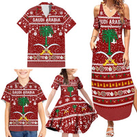 Saudi Arabia Christmas Family Matching Summer Maxi Dress and Hawaiian Shirt with Red Festive Pattern, National Emblem with Palm and Swords, and Map Motif - Wonder Print Shop
