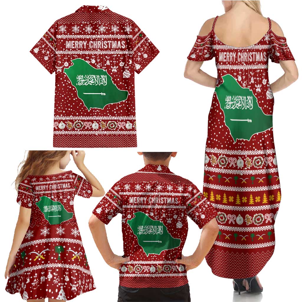 Saudi Arabia Christmas Family Matching Summer Maxi Dress and Hawaiian Shirt with Red Festive Pattern, National Emblem with Palm and Swords, and Map Motif - Wonder Print Shop