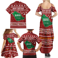 Saudi Arabia Christmas Family Matching Summer Maxi Dress and Hawaiian Shirt with Red Festive Pattern, National Emblem with Palm and Swords, and Map Motif - Wonder Print Shop