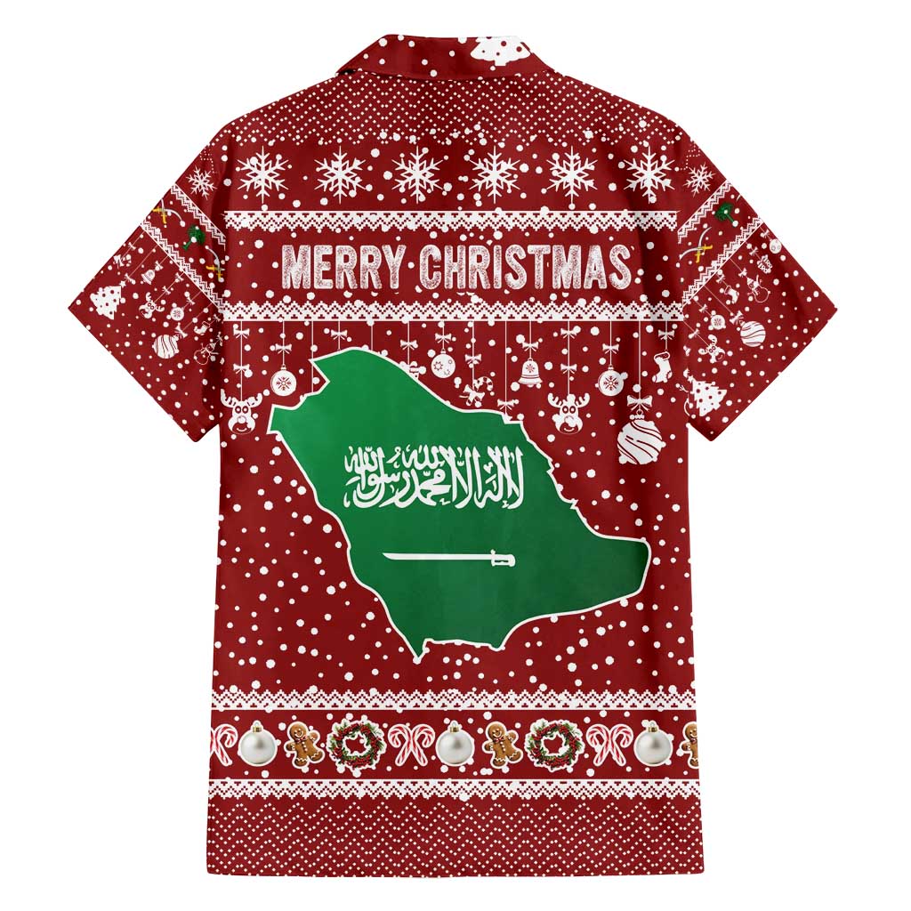 Saudi Arabia Christmas Family Matching Summer Maxi Dress and Hawaiian Shirt with Red Festive Pattern, National Emblem with Palm and Swords, and Map Motif - Wonder Print Shop