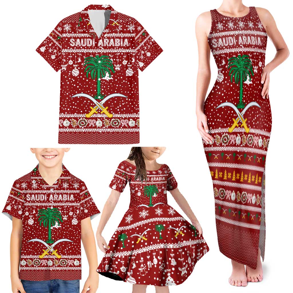 Saudi Arabia Christmas Family Matching Tank Maxi Dress and Hawaiian Shirt with Red Festive Pattern, National Emblem with Palm and Swords, and Map Motif - Wonder Print Shop