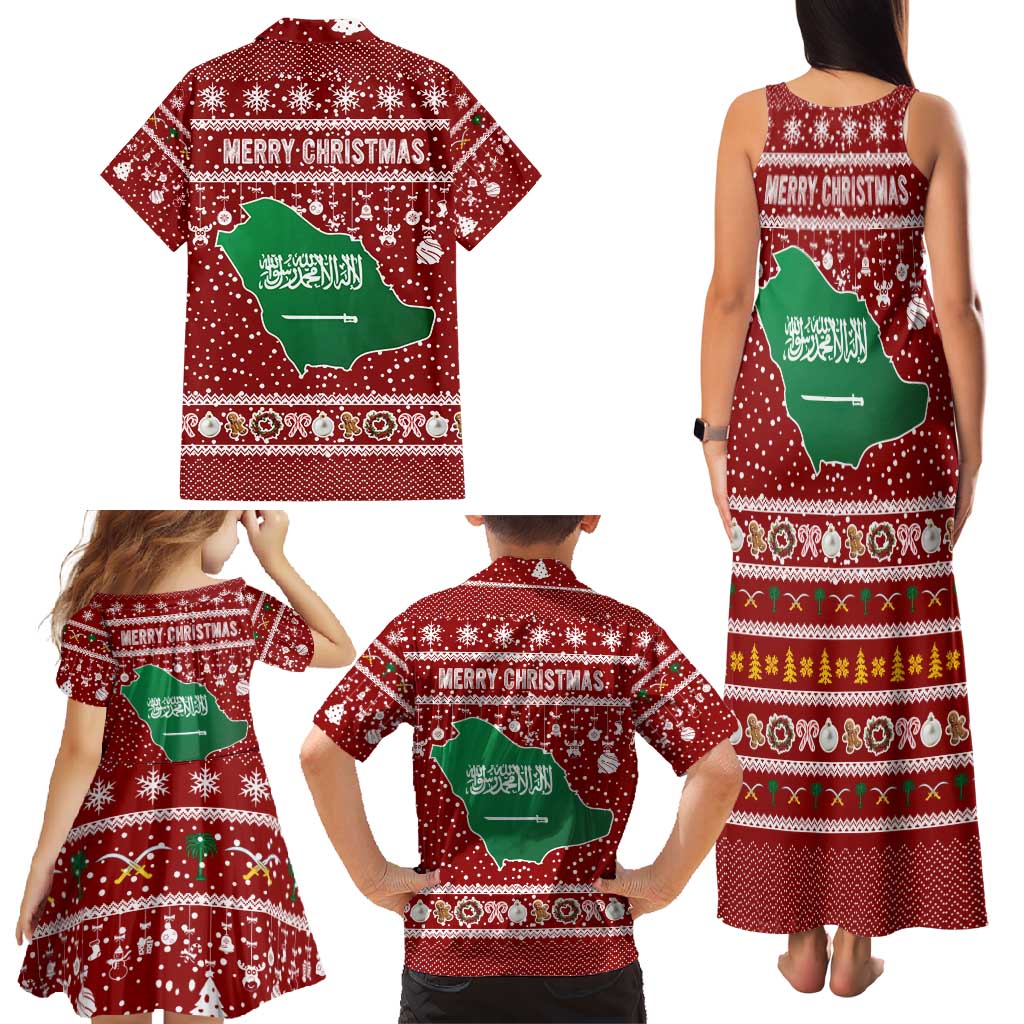 Saudi Arabia Christmas Family Matching Tank Maxi Dress and Hawaiian Shirt with Red Festive Pattern, National Emblem with Palm and Swords, and Map Motif - Wonder Print Shop