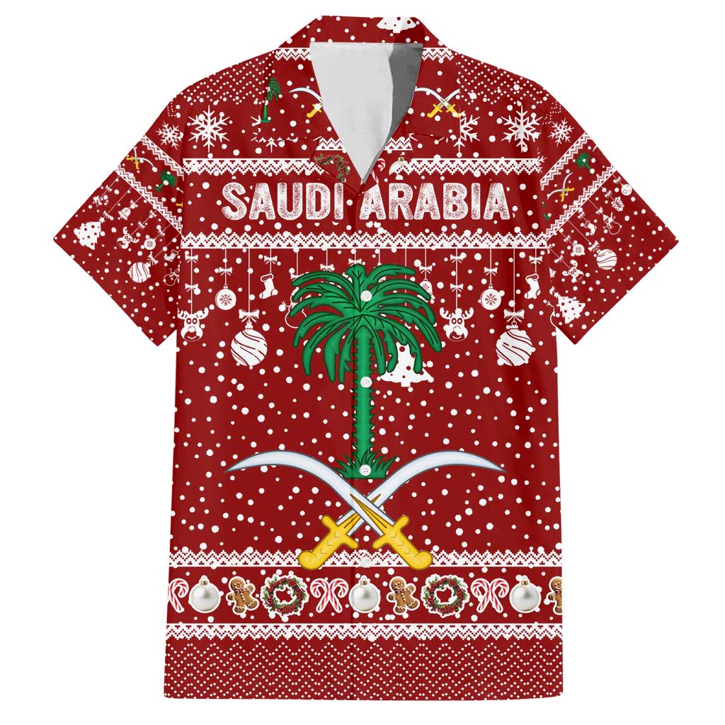 Saudi Arabia Christmas Family Matching Tank Maxi Dress and Hawaiian Shirt with Red Festive Pattern, National Emblem with Palm and Swords, and Map Motif - Wonder Print Shop