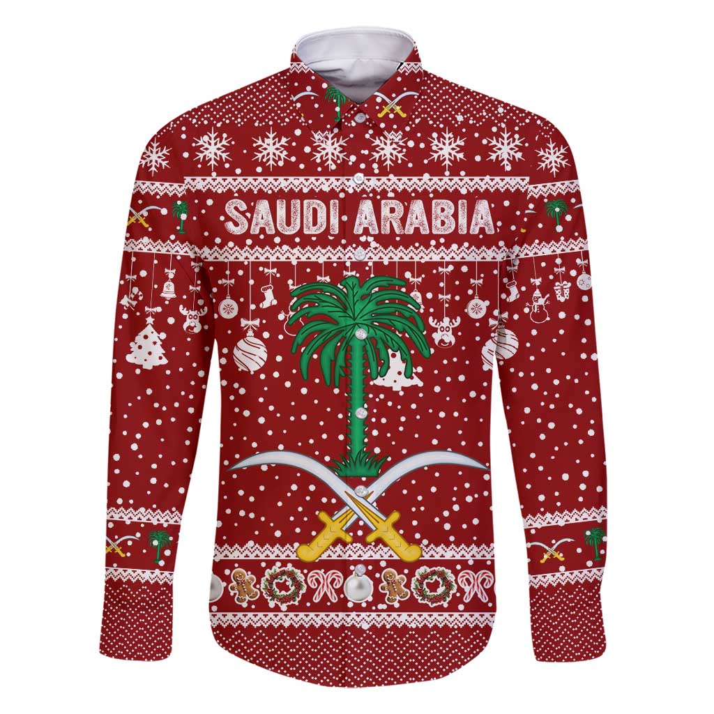 Saudi Arabia Christmas Family Matching Tank Maxi Dress and Hawaiian Shirt with Red Festive Pattern, National Emblem with Palm and Swords, and Map Motif - Wonder Print Shop