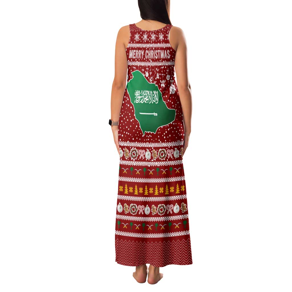 Saudi Arabia Christmas Family Matching Tank Maxi Dress and Hawaiian Shirt with Red Festive Pattern, National Emblem with Palm and Swords, and Map Motif - Wonder Print Shop