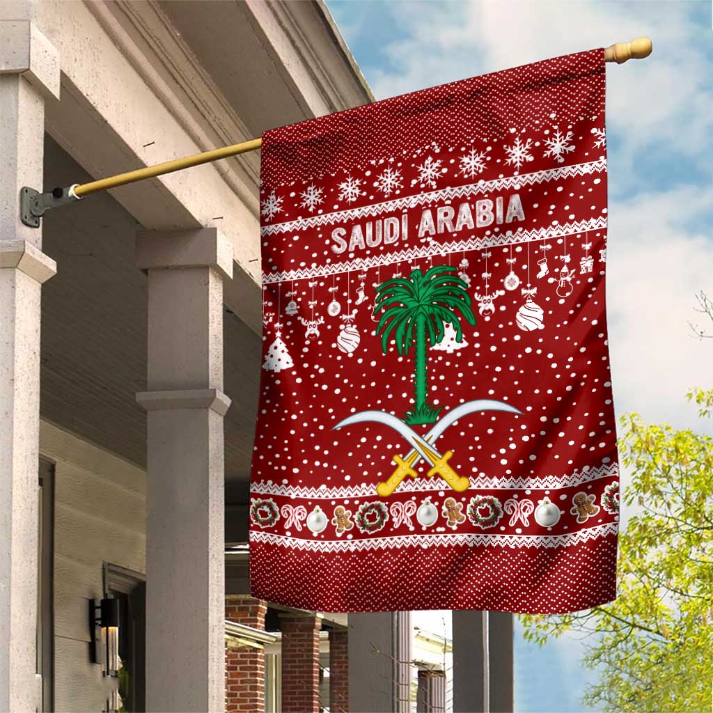 Saudi Arabia Christmas Garden Flag with Red Festive Pattern, National Emblem with Palm and Swords, and Map Motif - Wonder Print Shop