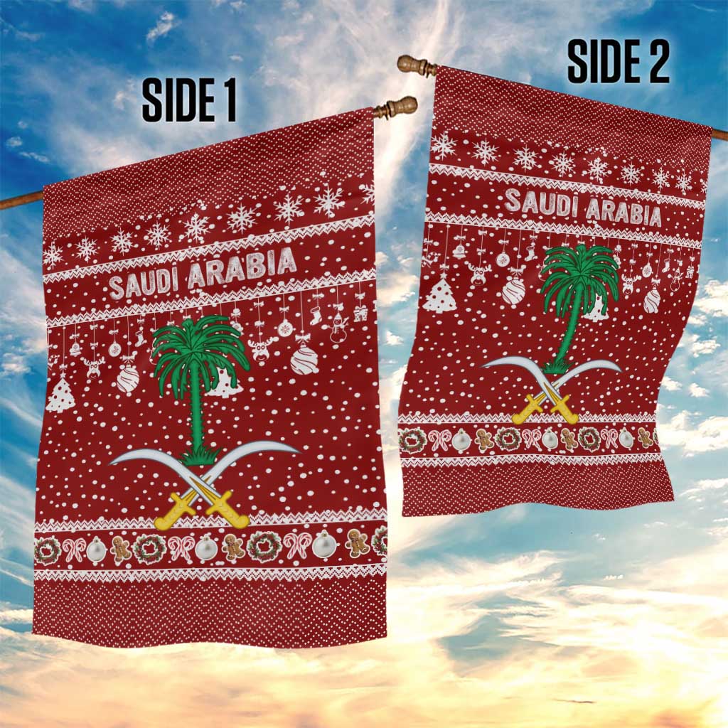 Saudi Arabia Christmas Garden Flag with Red Festive Pattern, National Emblem with Palm and Swords, and Map Motif - Wonder Print Shop