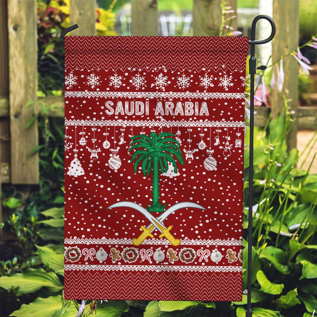 Saudi Arabia Christmas Garden Flag with Red Festive Pattern, National Emblem with Palm and Swords, and Map Motif - Wonder Print Shop