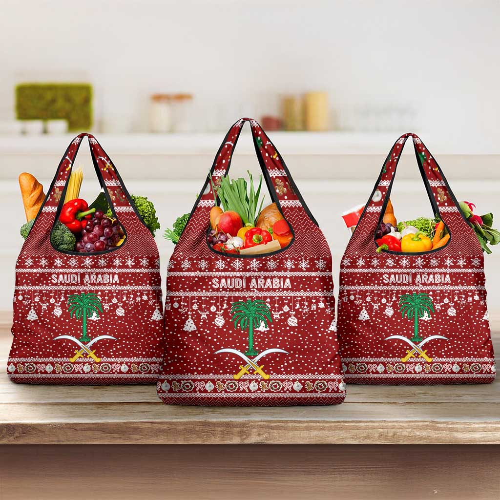 Saudi Arabia Christmas Grocery Bag with Red Festive Pattern, National Emblem with Palm and Swords, and Map Motif - Wonder Print Shop