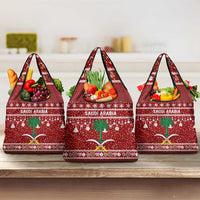 Saudi Arabia Christmas Grocery Bag with Red Festive Pattern, National Emblem with Palm and Swords, and Map Motif - Wonder Print Shop