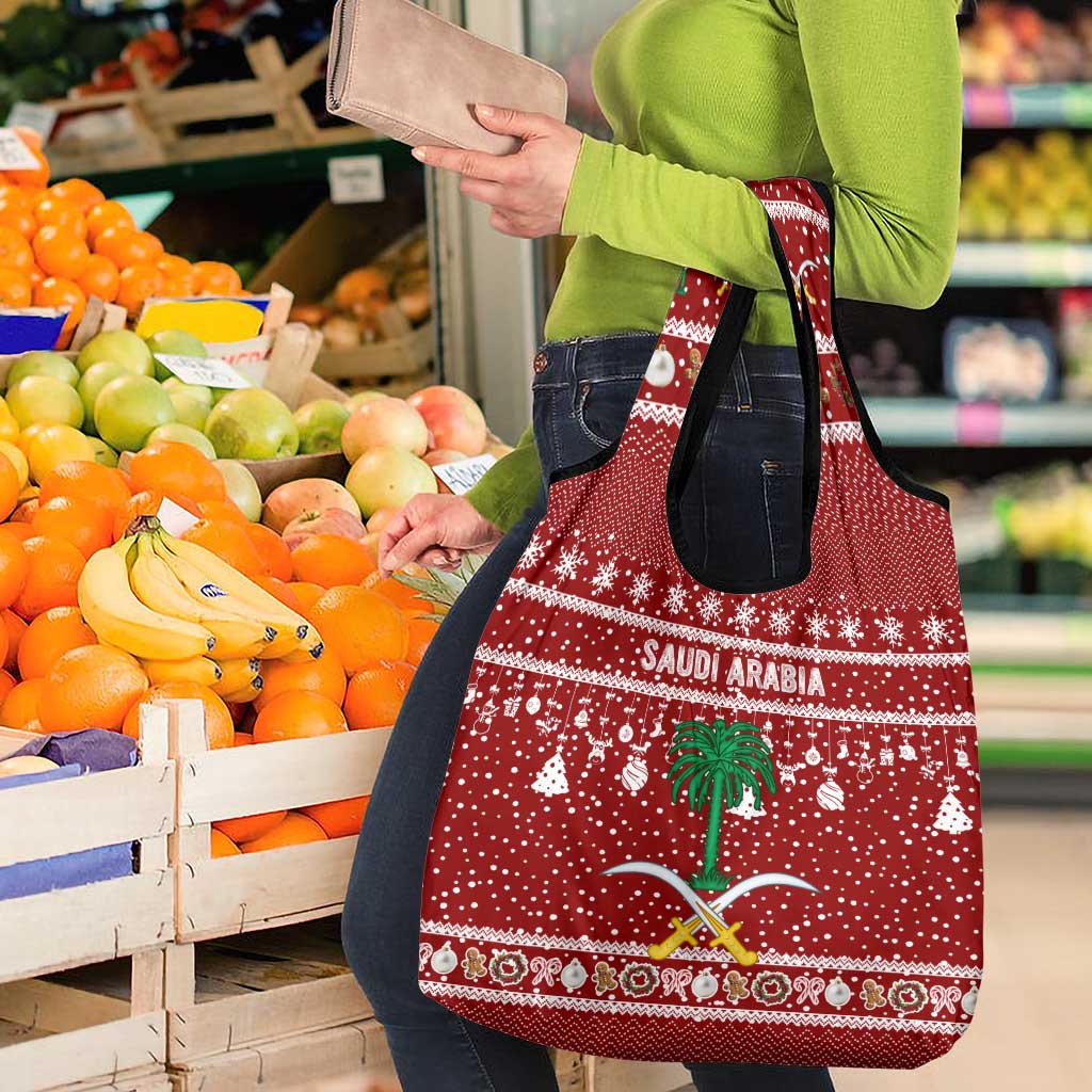 Saudi Arabia Christmas Grocery Bag with Red Festive Pattern, National Emblem with Palm and Swords, and Map Motif - Wonder Print Shop