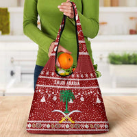 Saudi Arabia Christmas Grocery Bag with Red Festive Pattern, National Emblem with Palm and Swords, and Map Motif - Wonder Print Shop
