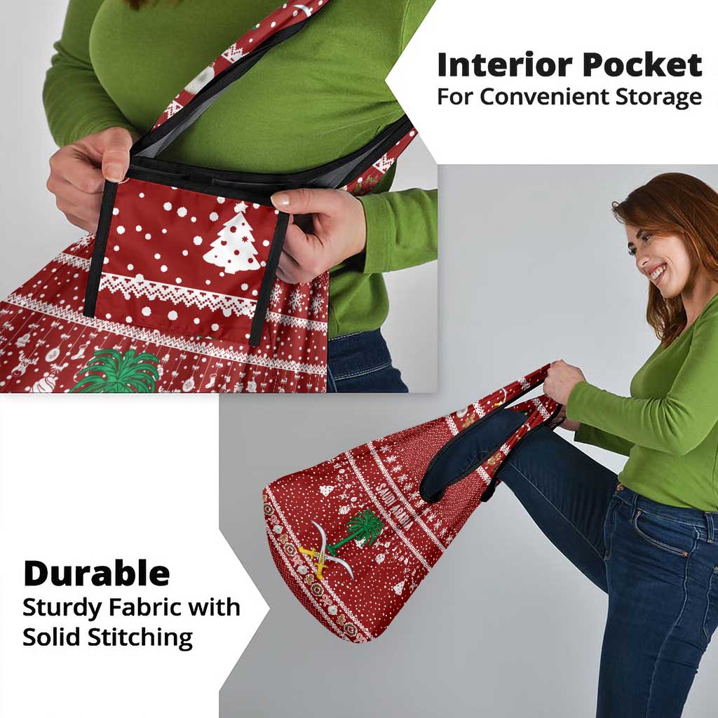 Saudi Arabia Christmas Grocery Bag with Red Festive Pattern, National Emblem with Palm and Swords, and Map Motif - Wonder Print Shop