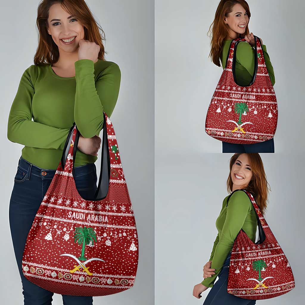 Saudi Arabia Christmas Grocery Bag with Red Festive Pattern, National Emblem with Palm and Swords, and Map Motif - Wonder Print Shop