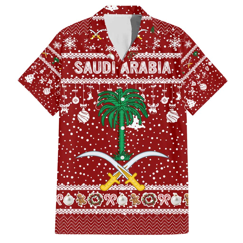 Saudi Arabia Christmas Hawaiian Shirt with Red Festive Pattern, National Emblem with Palm and Swords, and Map Motif - Wonder Print Shop