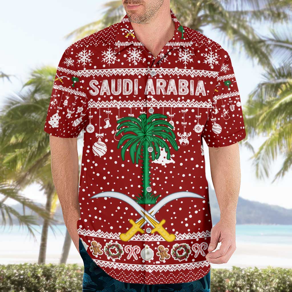 Saudi Arabia Christmas Hawaiian Shirt with Red Festive Pattern, National Emblem with Palm and Swords, and Map Motif - Wonder Print Shop