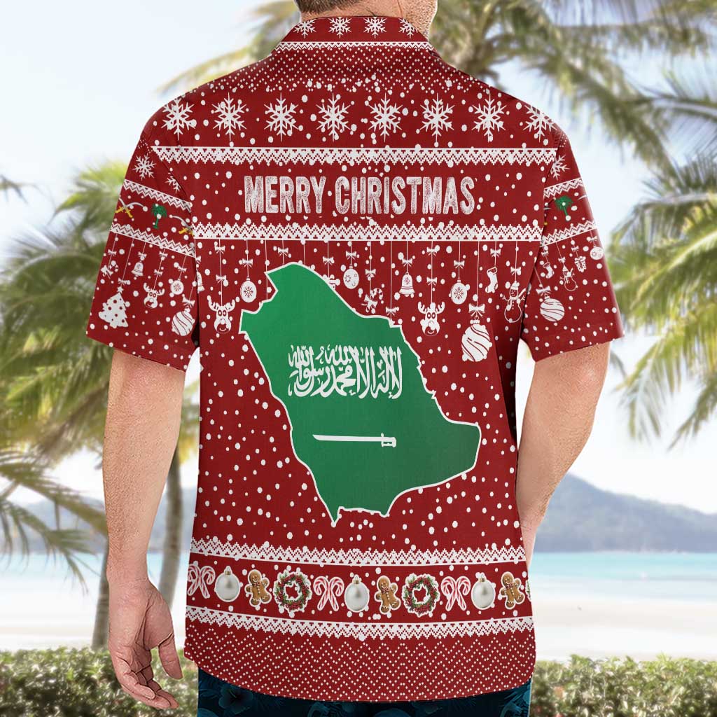 Saudi Arabia Christmas Hawaiian Shirt with Red Festive Pattern, National Emblem with Palm and Swords, and Map Motif - Wonder Print Shop