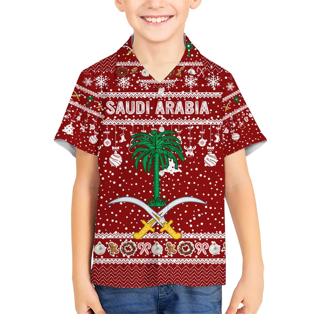 Saudi Arabia Christmas Hawaiian Shirt with Red Festive Pattern, National Emblem with Palm and Swords, and Map Motif - Wonder Print Shop