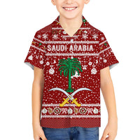 Saudi Arabia Christmas Hawaiian Shirt with Red Festive Pattern, National Emblem with Palm and Swords, and Map Motif - Wonder Print Shop