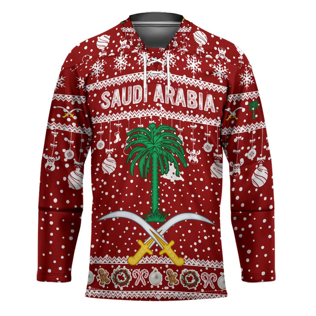 Saudi Arabia Christmas Hockey Jersey with Red Festive Pattern, National Emblem with Palm and Swords, and Map Motif - Wonder Print Shop