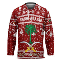Saudi Arabia Christmas Hockey Jersey with Red Festive Pattern, National Emblem with Palm and Swords, and Map Motif - Wonder Print Shop