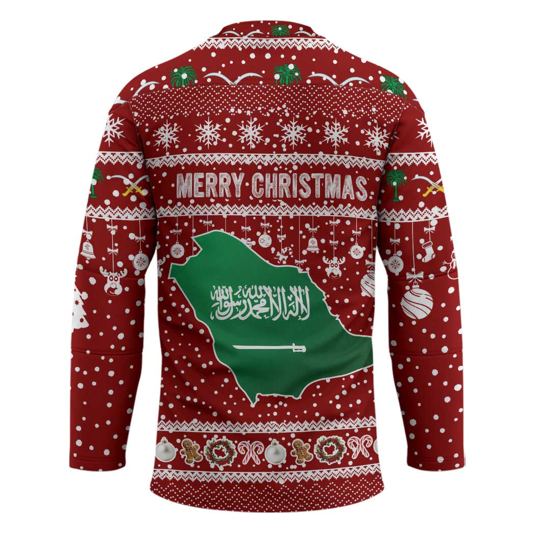 Saudi Arabia Christmas Hockey Jersey with Red Festive Pattern, National Emblem with Palm and Swords, and Map Motif - Wonder Print Shop