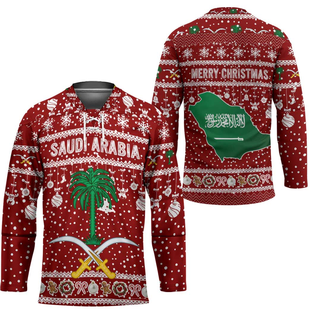 Saudi Arabia Christmas Hockey Jersey with Red Festive Pattern, National Emblem with Palm and Swords, and Map Motif - Wonder Print Shop
