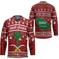 Saudi Arabia Christmas Hockey Jersey with Red Festive Pattern, National Emblem with Palm and Swords, and Map Motif - Wonder Print Shop