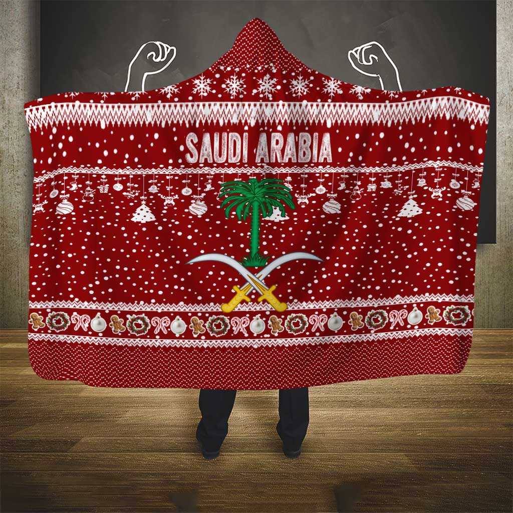 Saudi Arabia Christmas Hooded Blanket with Red Festive Pattern, National Emblem with Palm and Swords, and Map Motif - Wonder Print Shop