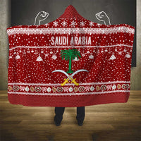 Saudi Arabia Christmas Hooded Blanket with Red Festive Pattern, National Emblem with Palm and Swords, and Map Motif - Wonder Print Shop