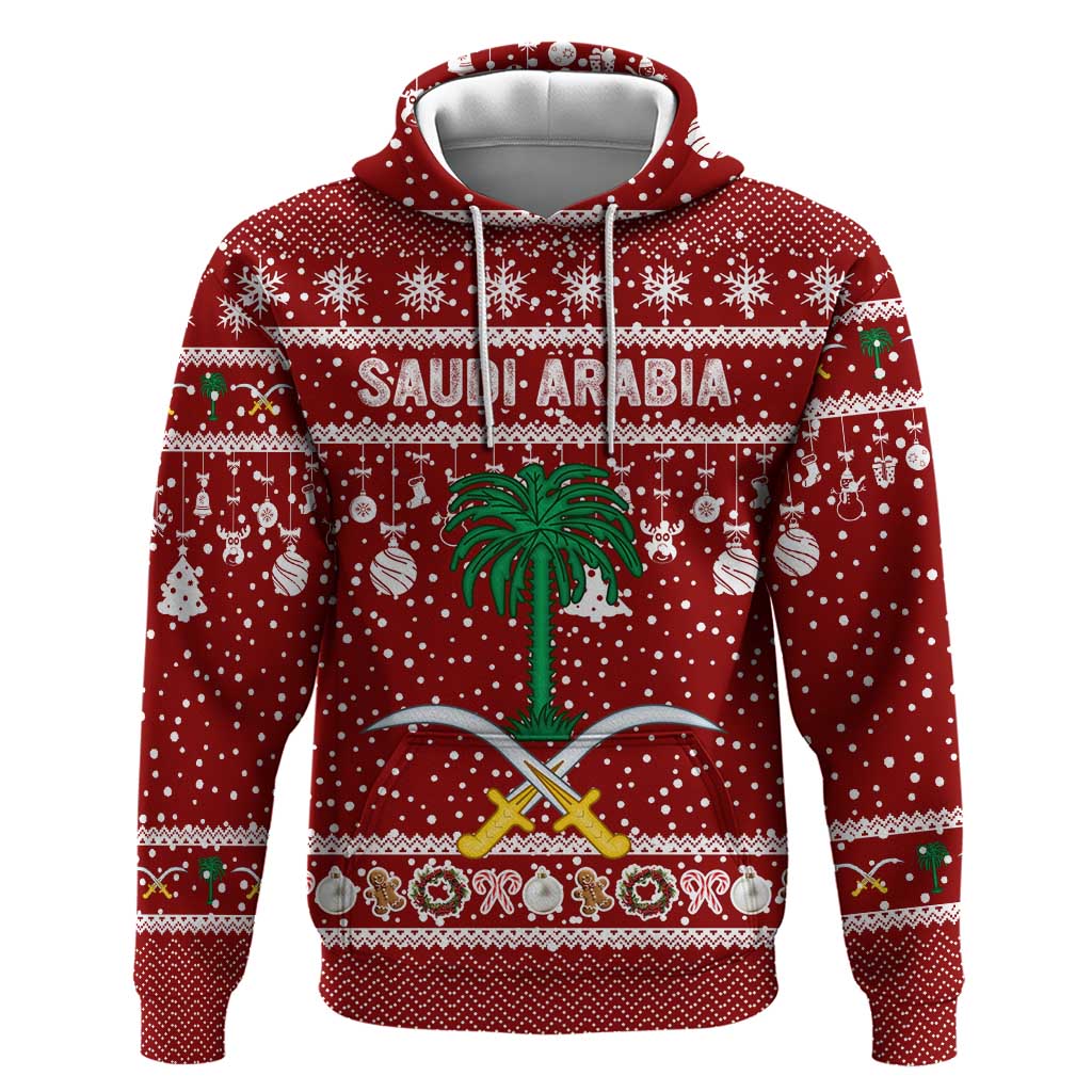 Saudi Arabia Christmas Hoodie with Red Festive Pattern, National Emblem with Palm and Swords, and Map Motif - Wonder Print Shop