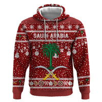 Saudi Arabia Christmas Hoodie with Red Festive Pattern, National Emblem with Palm and Swords, and Map Motif - Wonder Print Shop