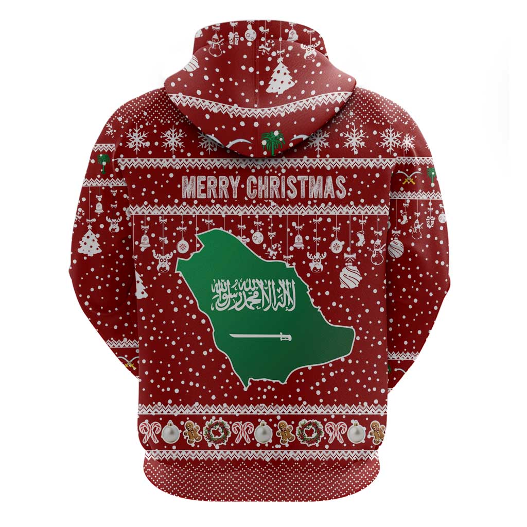 Saudi Arabia Christmas Hoodie with Red Festive Pattern, National Emblem with Palm and Swords, and Map Motif - Wonder Print Shop