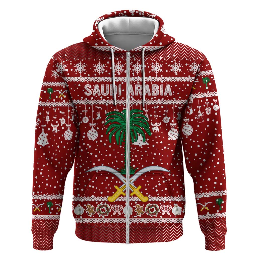 Saudi Arabia Christmas Hoodie with Red Festive Pattern, National Emblem with Palm and Swords, and Map Motif - Wonder Print Shop