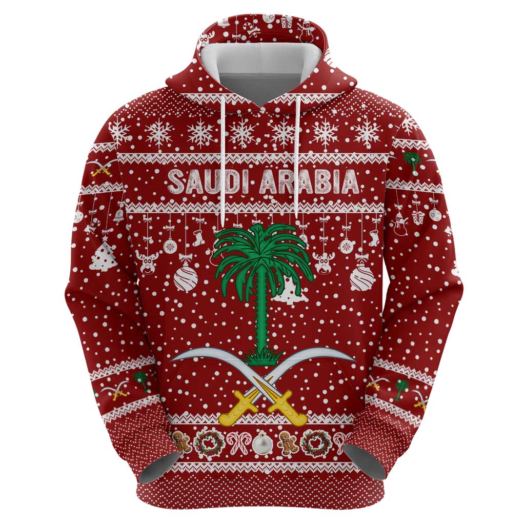 Saudi Arabia Christmas Hoodie with Red Festive Pattern, National Emblem with Palm and Swords, and Map Motif - Wonder Print Shop