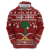 Saudi Arabia Christmas Hoodie with Red Festive Pattern, National Emblem with Palm and Swords, and Map Motif - Wonder Print Shop