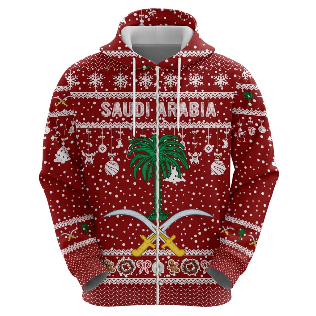 Saudi Arabia Christmas Hoodie with Red Festive Pattern, National Emblem with Palm and Swords, and Map Motif - Wonder Print Shop